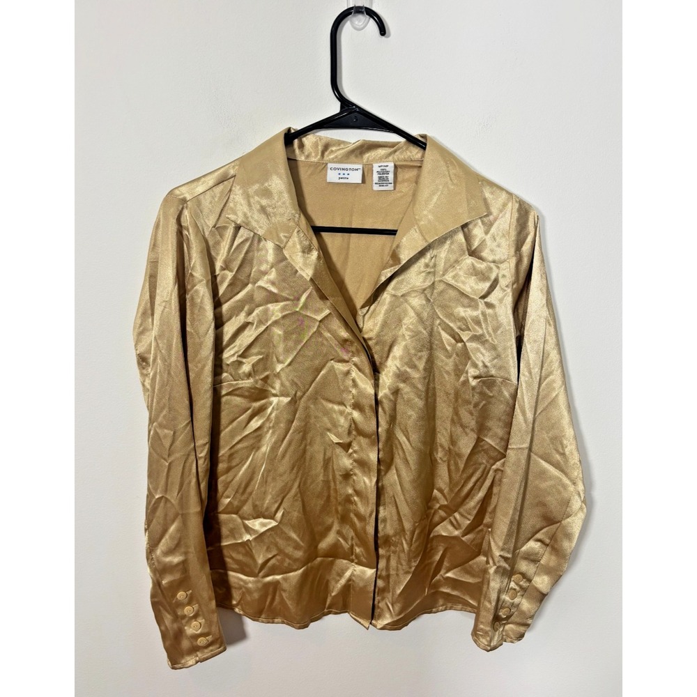 Covington Petite Gold Silky Button-Up Blouse Women's MP Medium Petite